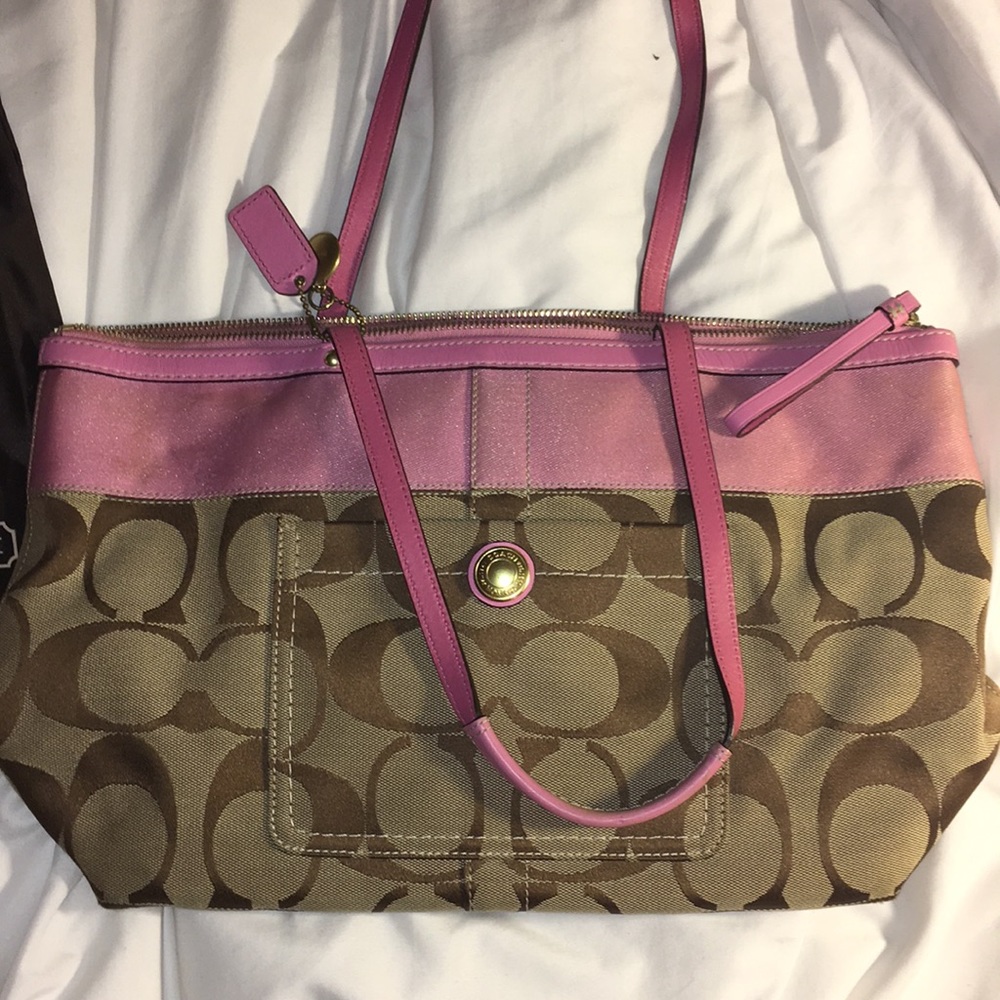 Coach medium signature stripe pink khaki